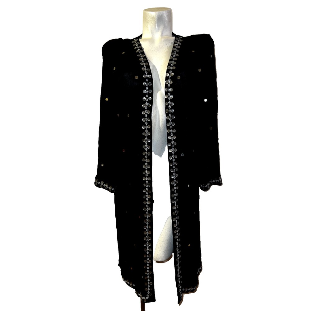 Vintage Style Black Sheer Mirror Embellished Duster Cardigan Open Front Jacket